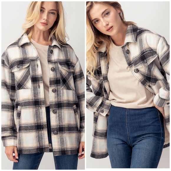 LAST ONE❗Cozy Chic Dark Teal Lined Plaid Flannel Oversized Shacket - Picture 13 of 14